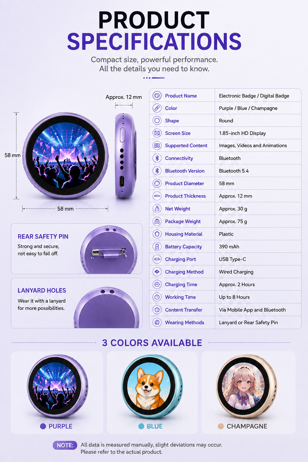 digital badge pin specifications